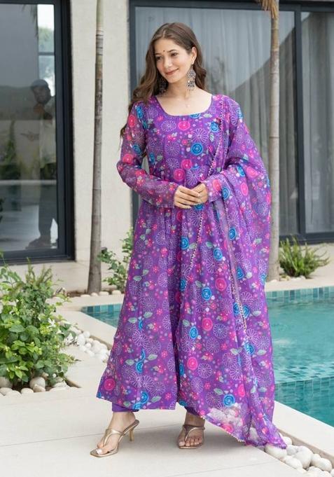 Purple Motif Soft Organza Kurta Set