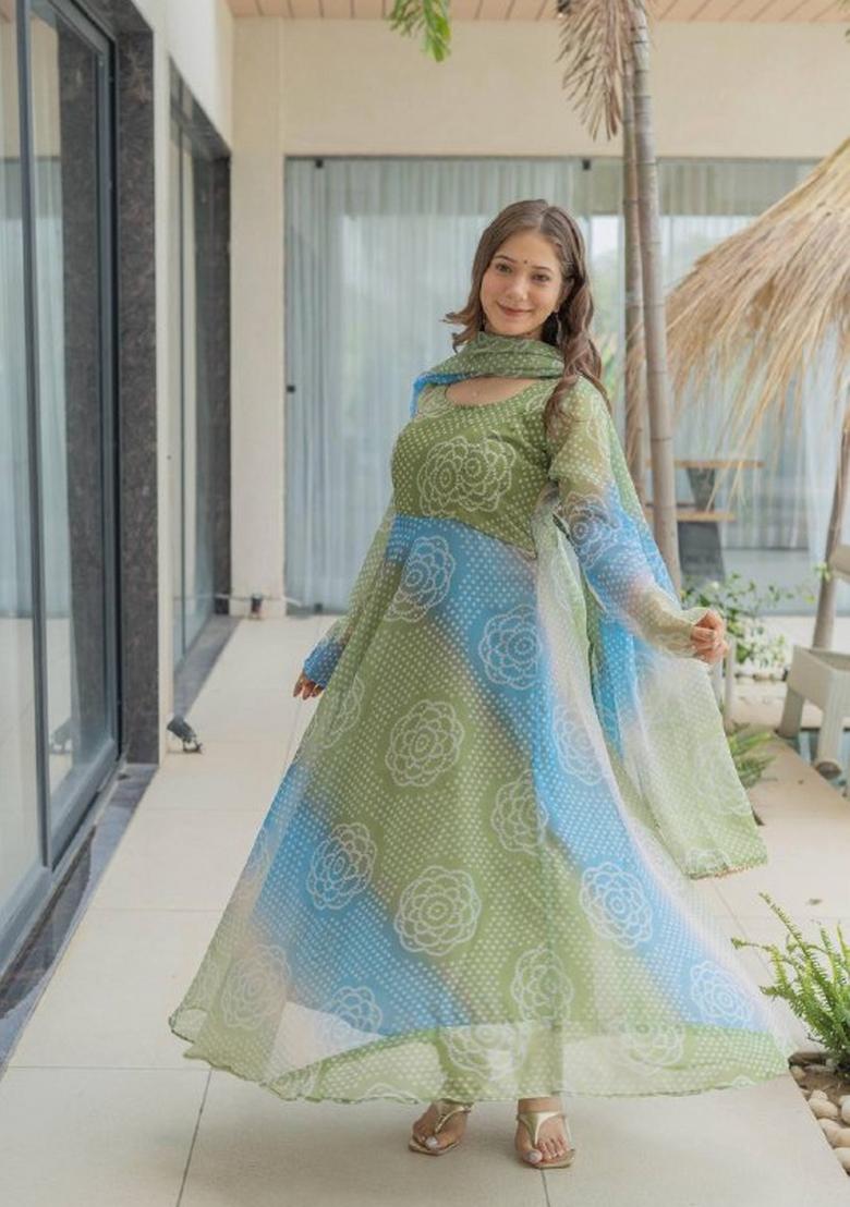 Multi Motif Soft Organza Kurta Set - Indya