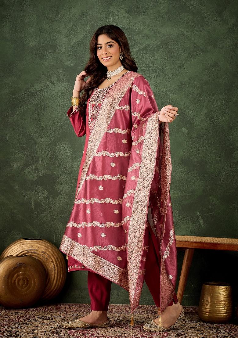 Pink Motif Viscose Rayon Kurta Set - Indya