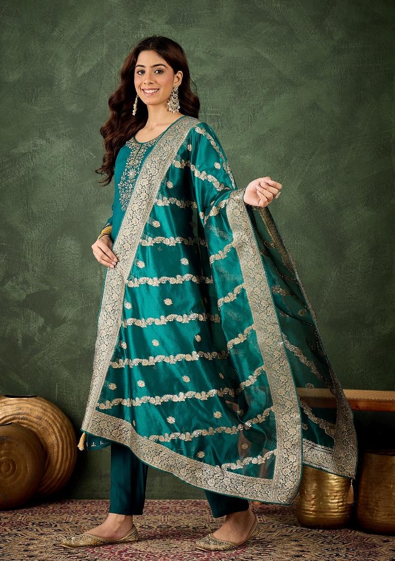 Green Motif Viscose Rayon Kurta Set - Indya