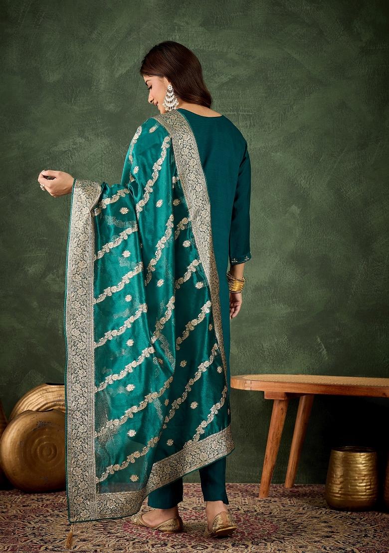 Green Motif Viscose Rayon Kurta Set - Indya