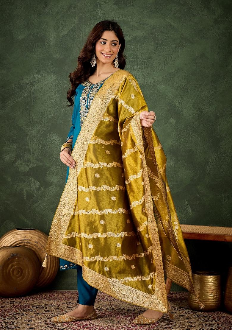 Teal Motif Viscose Rayon Kurta Set - Indya