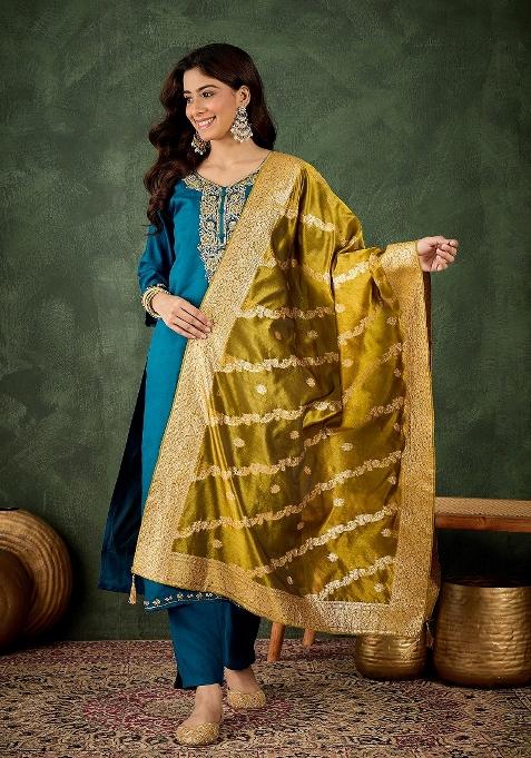 Teal Motif Viscose Rayon Kurta Set