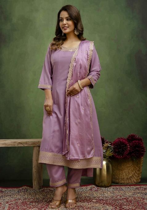 Lavender Motif Viscose Rayon Kurta Set