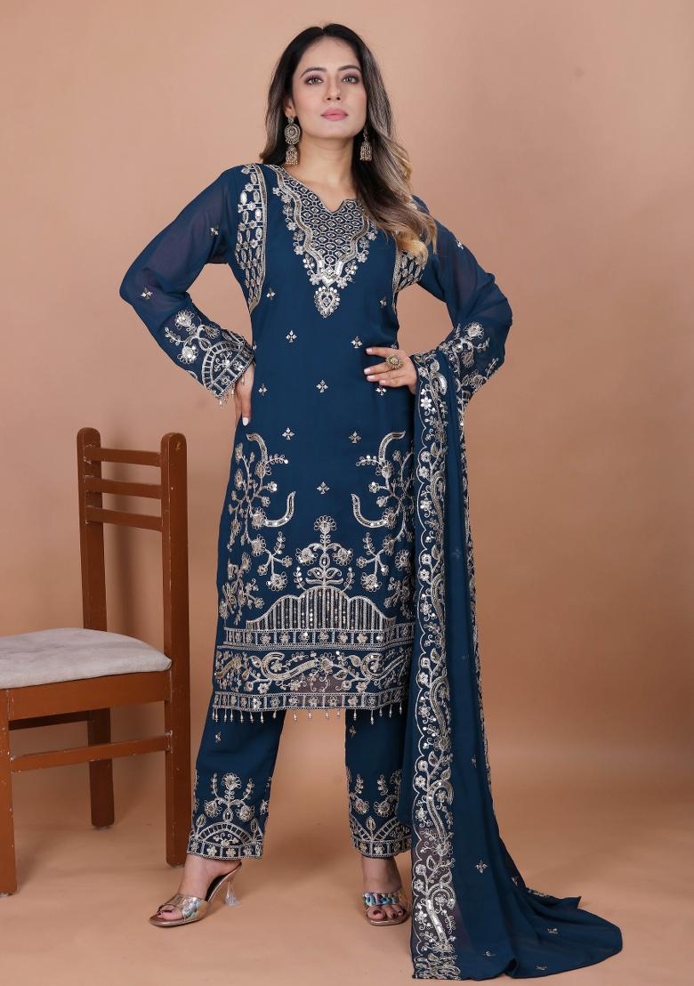 Blue Embroidery Georgette Kurta Set - Indya