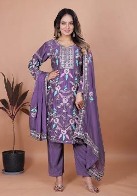 Purple Embroidery Chinon Kurta Set