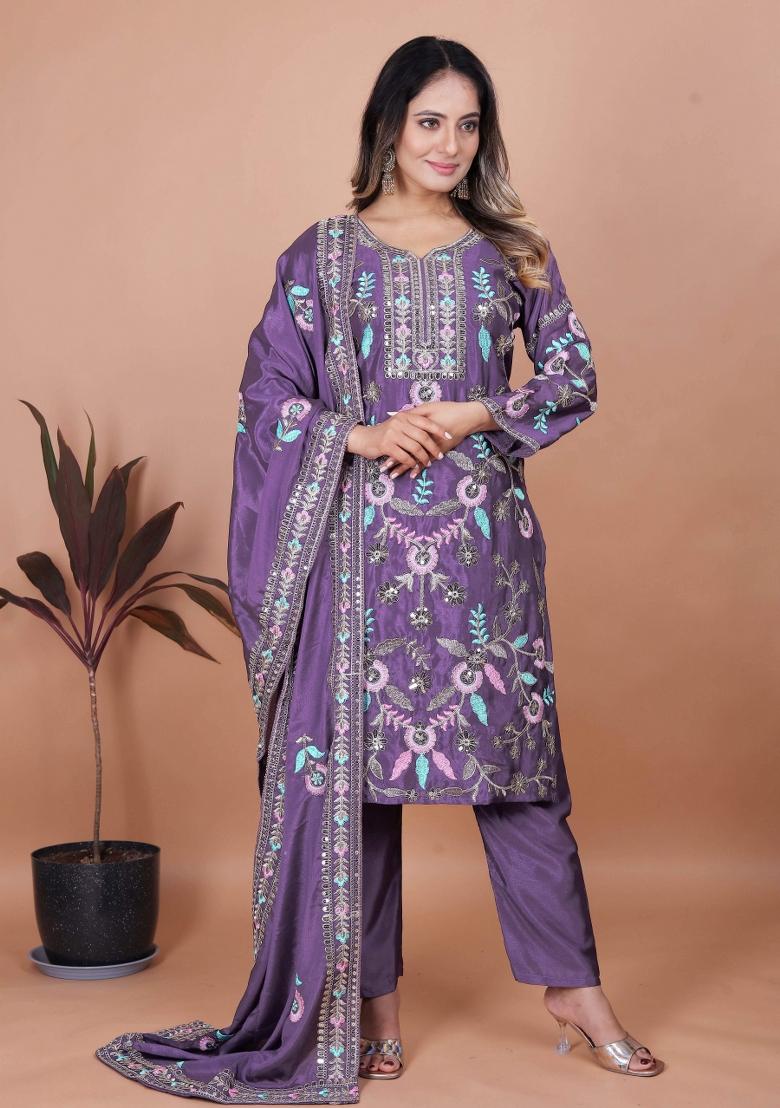 Purple Embroidery Chinon Kurta Set - Indya