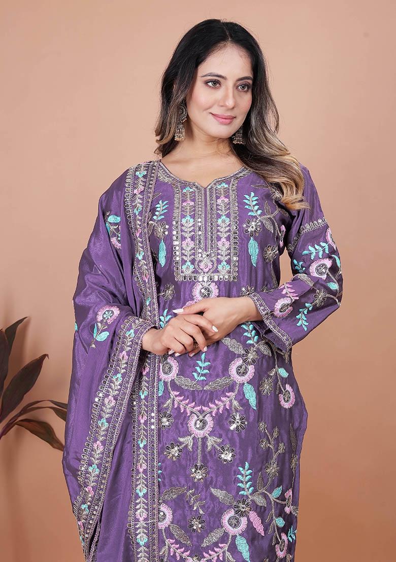 Purple Embroidery Chinon Kurta Set - Indya