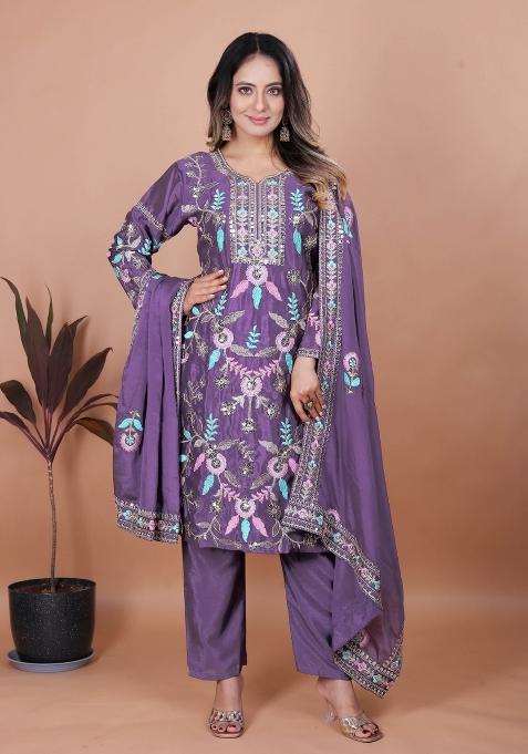 Purple Embroidery Chinon Kurta Set