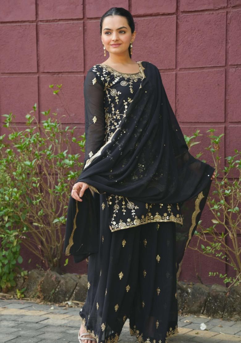 Black Embroidery Georgette Kurta Set - Indya