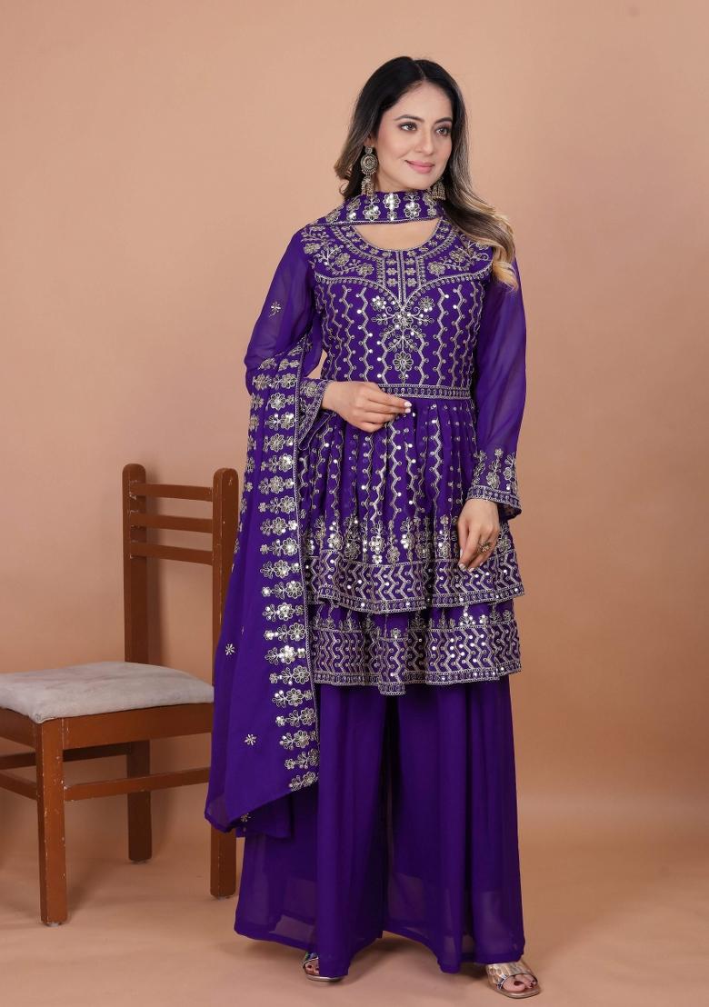 Purple Embroidery Georgette Kurta Set - Indya