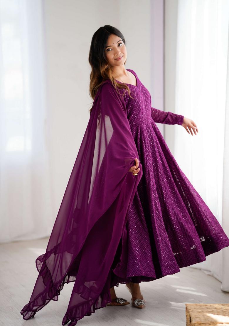 Wine Lukhnowi Sequence Work Georgette Kurta Set - Indya