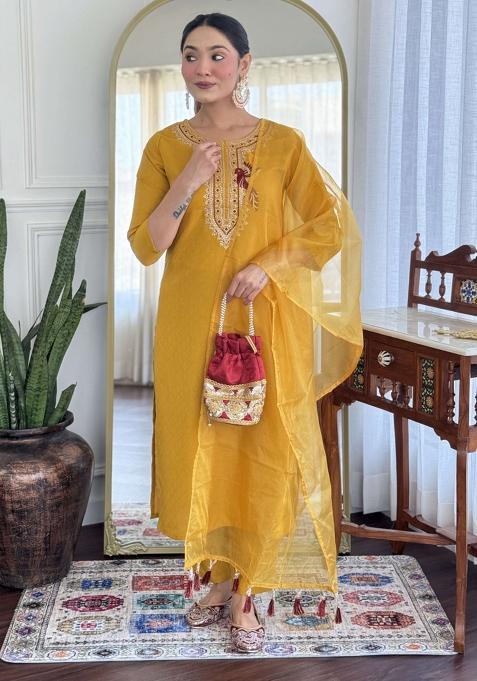Yellow Embroidery Viscose Rayon Kurta Set