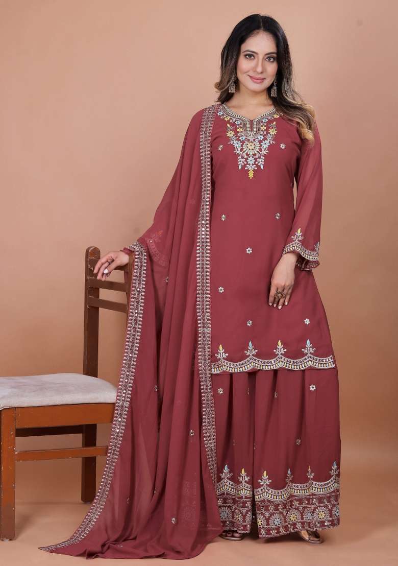 Pink Embroidery Georgette Kurta Set - Indya