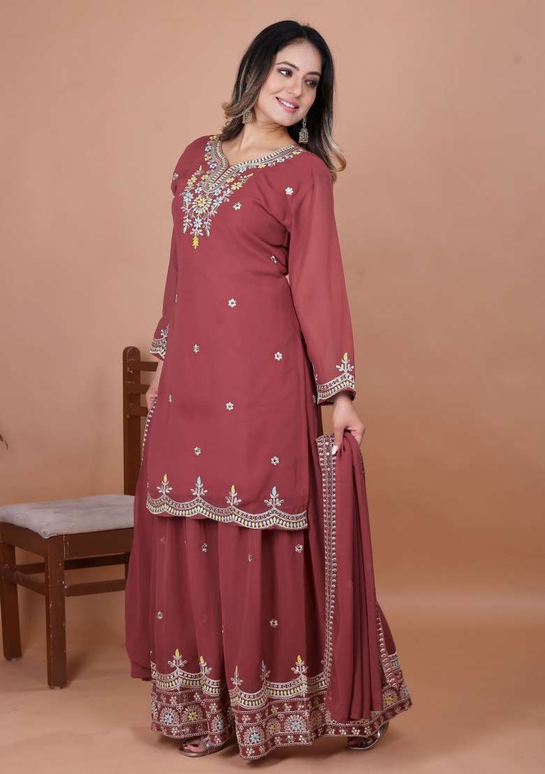 Pink Embroidery Georgette Kurta Set - Indya
