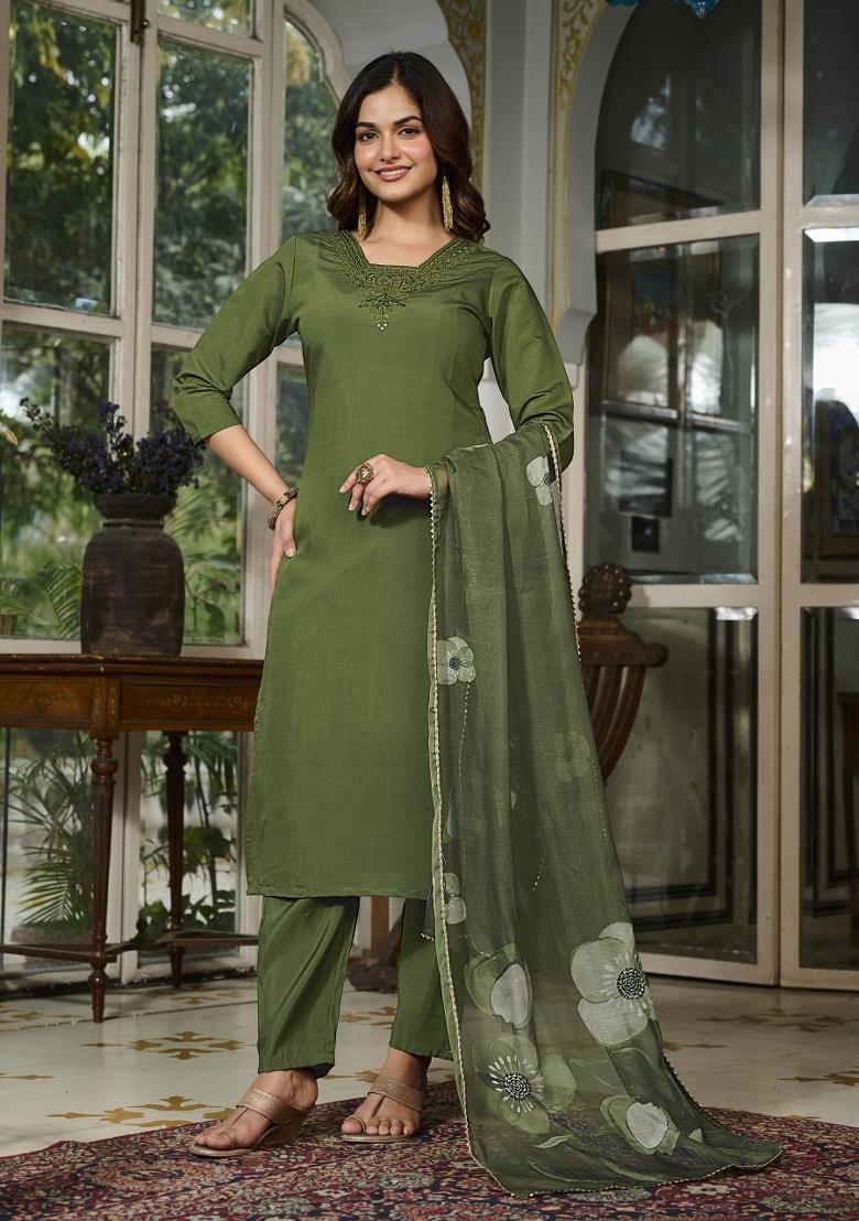 Mehendi Motif Viscose Chanderi Kurta Set - Indya