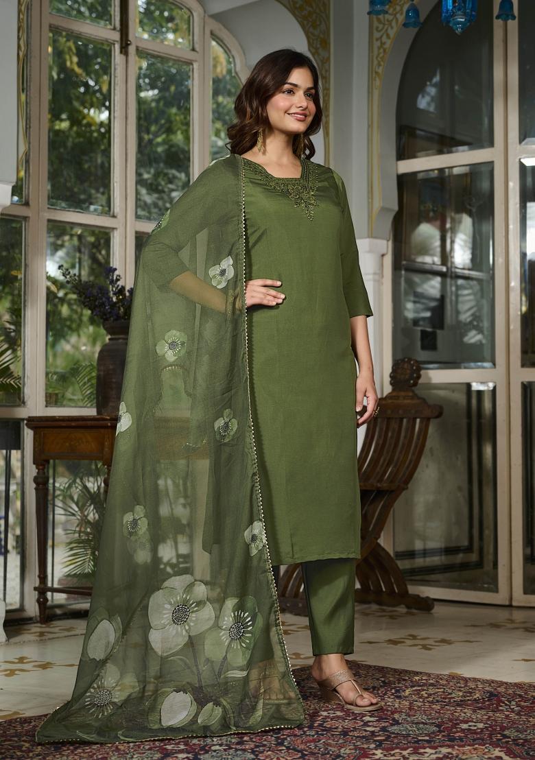 Mehendi Motif Viscose Chanderi Kurta Set - Indya