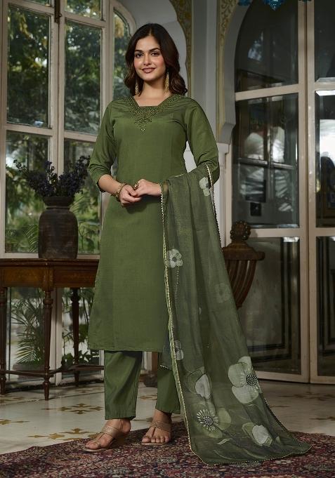Mehendi Motif Viscose Chanderi Kurta Set
