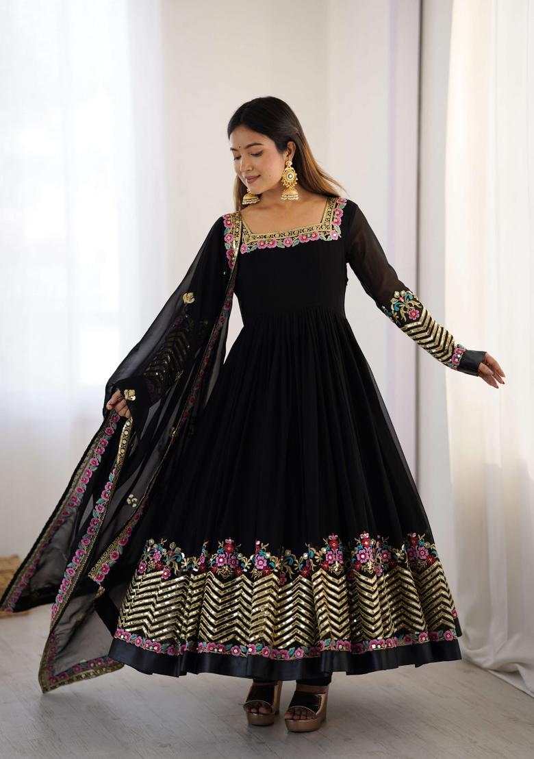 Black Embroidery Georgette Kurta Set - Indya