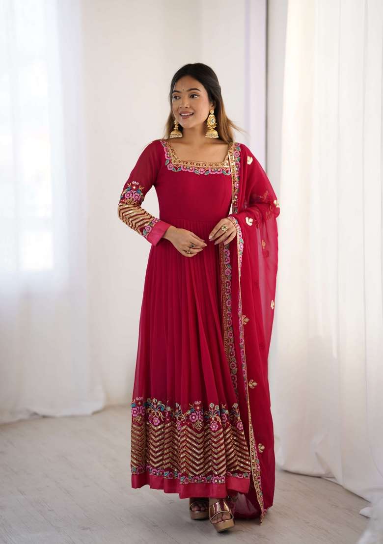 Pink Embroidery Georgette Kurta Set - Indya
