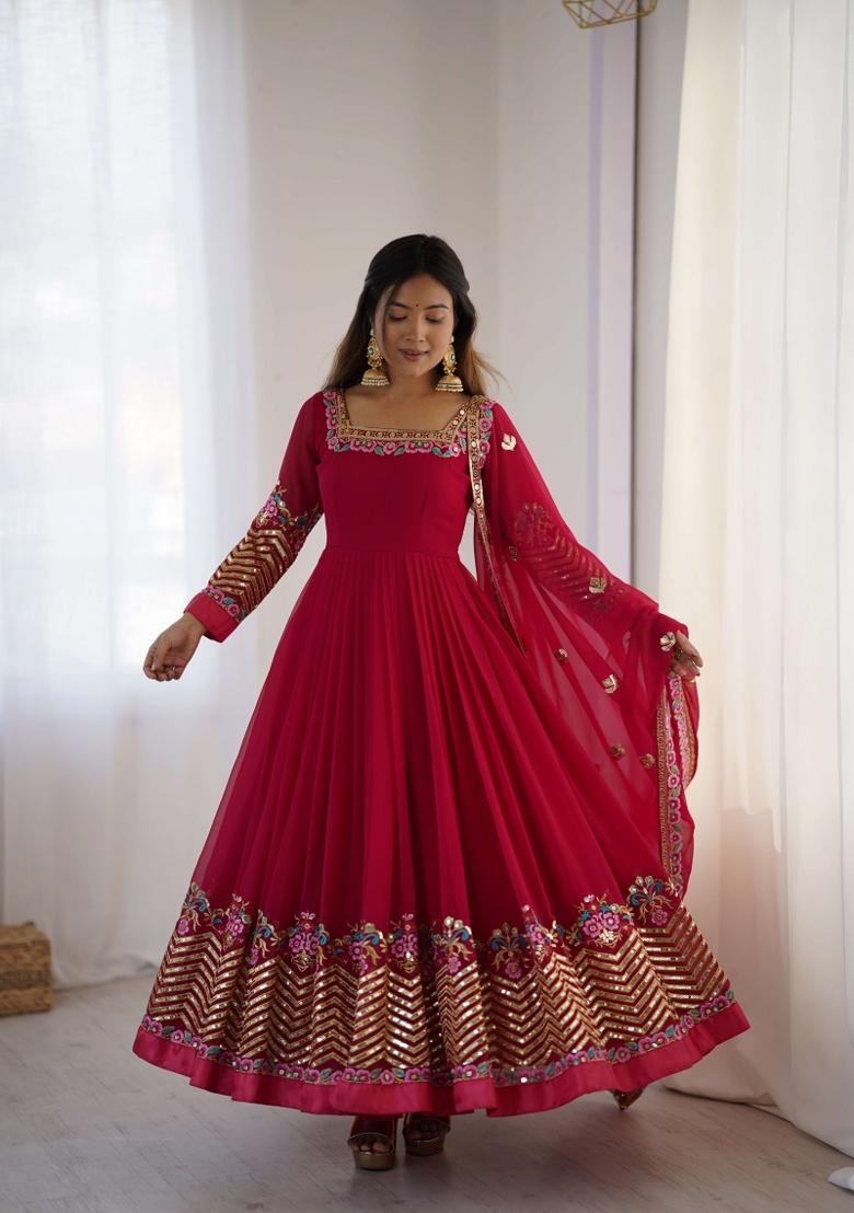 Pink Embroidery Georgette Kurta Set - Indya