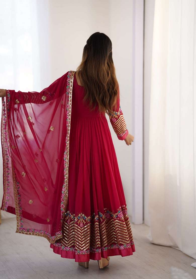 Pink Embroidery Georgette Kurta Set - Indya