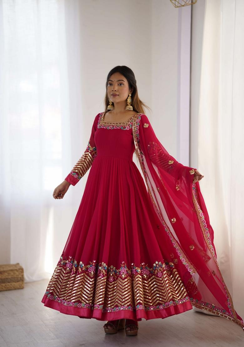 Pink Embroidery Georgette Kurta Set - Indya