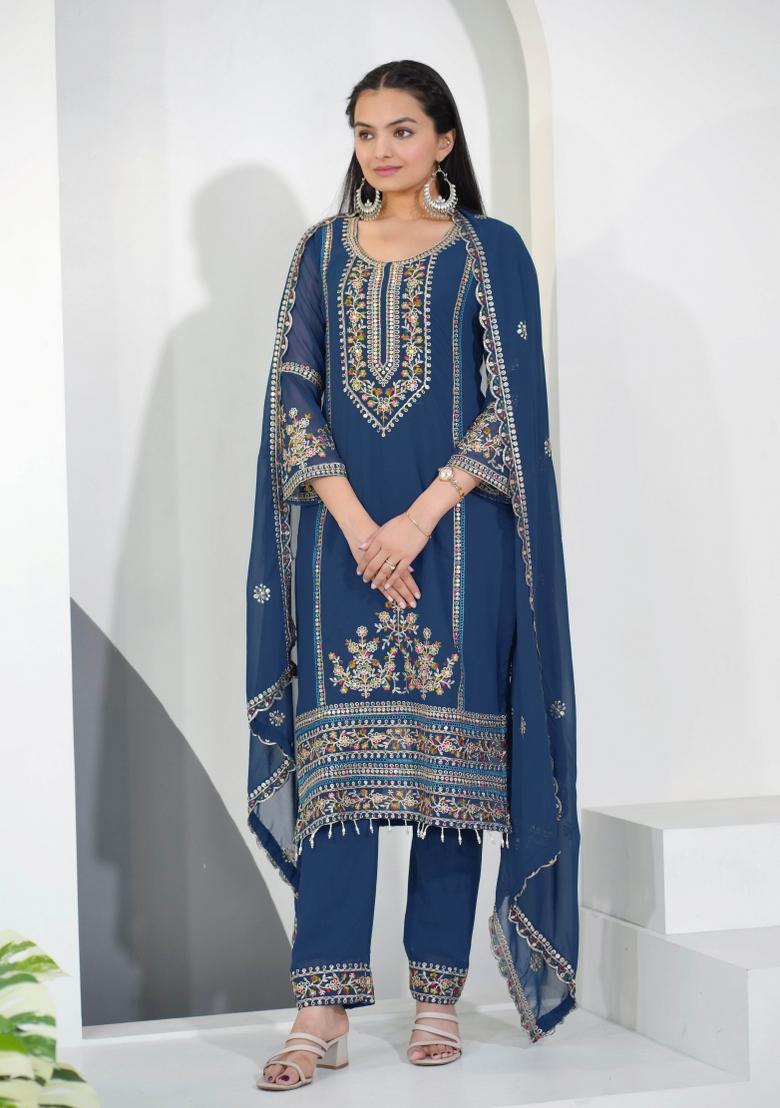 Blue Embroidery Georgette Kurta Set - Indya