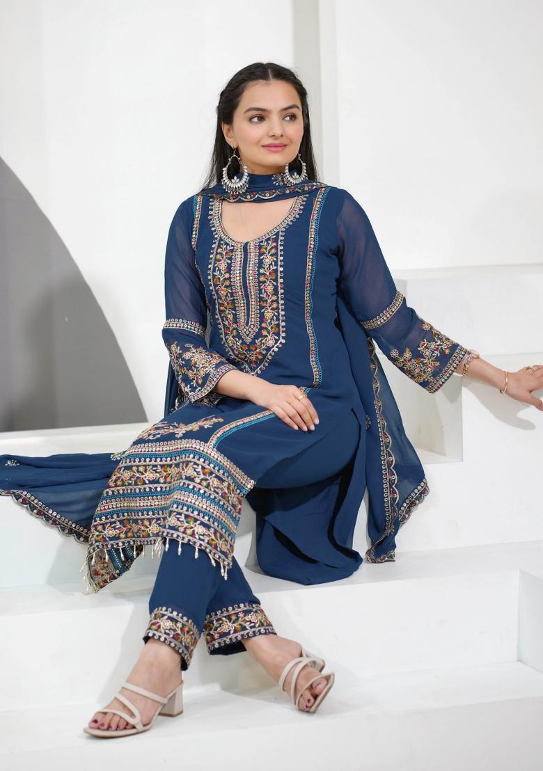 Blue Embroidery Georgette Kurta Set - Indya
