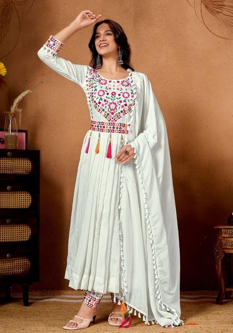 White Embroidery Silk Kurta Set