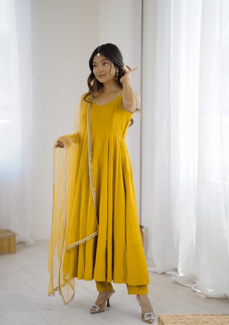 Yellow Motif Silk Kurta Set - Indya
