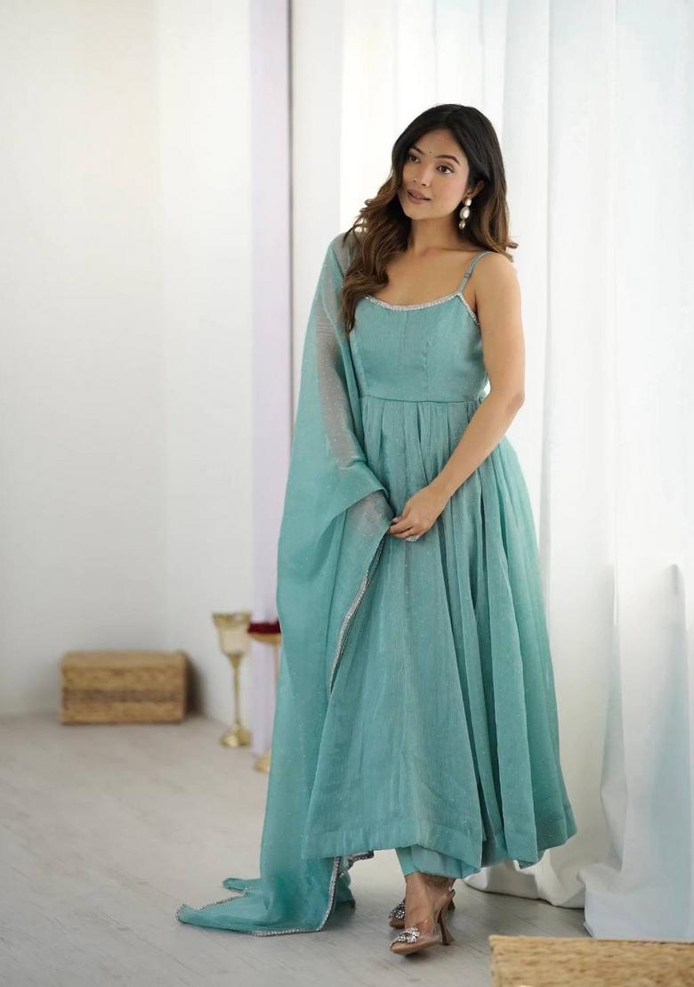 Sky Blue Motif Silk Kurta Set - Indya