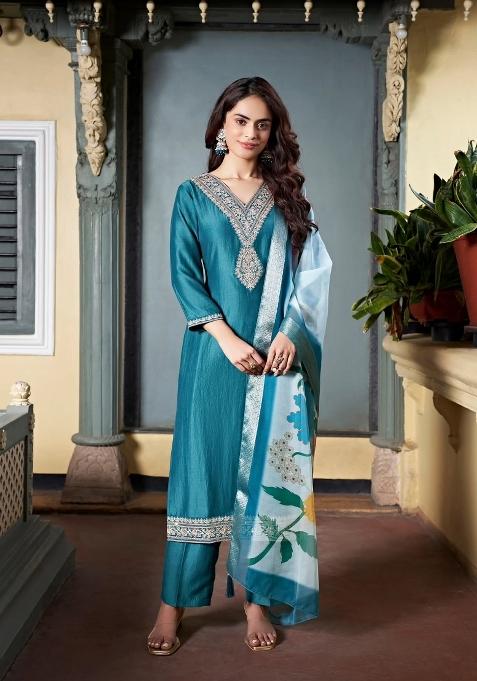 Teal Embroidery Viscose Chanderi Kurta Set