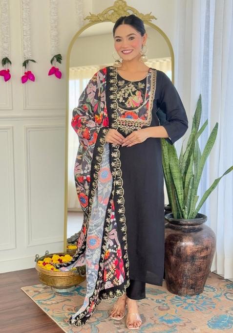 Black Embroidery Viscose Chanderi Kurta Set