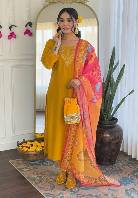 Yellow Embroidery Silk Kurta Set