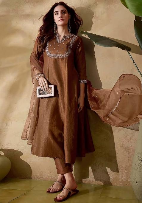 Brown Embroidery Silk Kurta Set