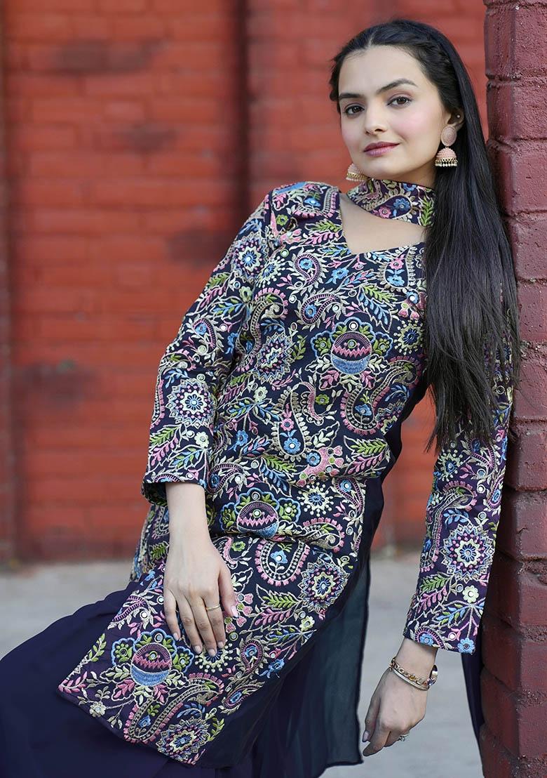 Multi Embroidery Silk Kurta Set - Indya