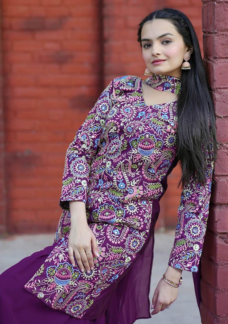 Multi Embroidery Silk Kurta Set - Indya