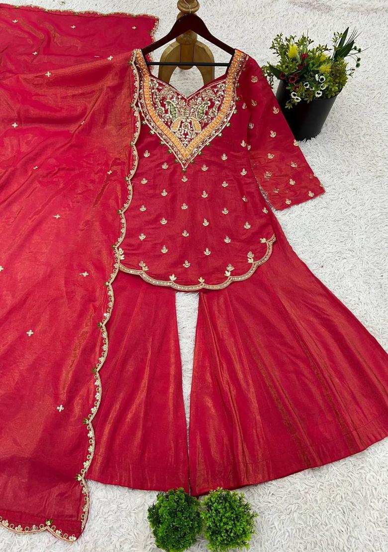 Pink Embroidery Silk Kurta Set - Indya