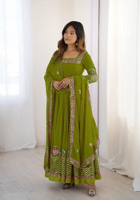 Green Embroidery Georgette Kurta Set