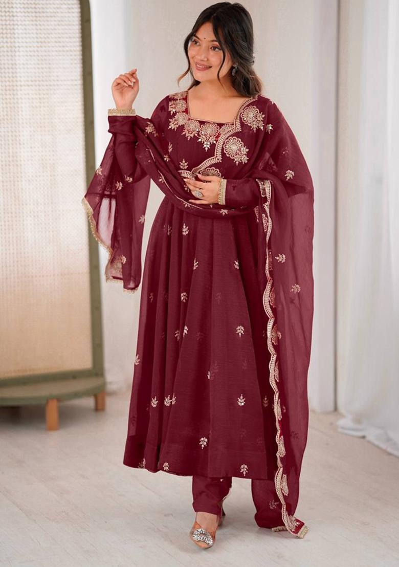 Maroon Embroidery Silk Kurta Set - Indya