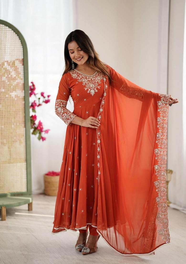 Orange Embroidery Georgette Kurta Set - Indya