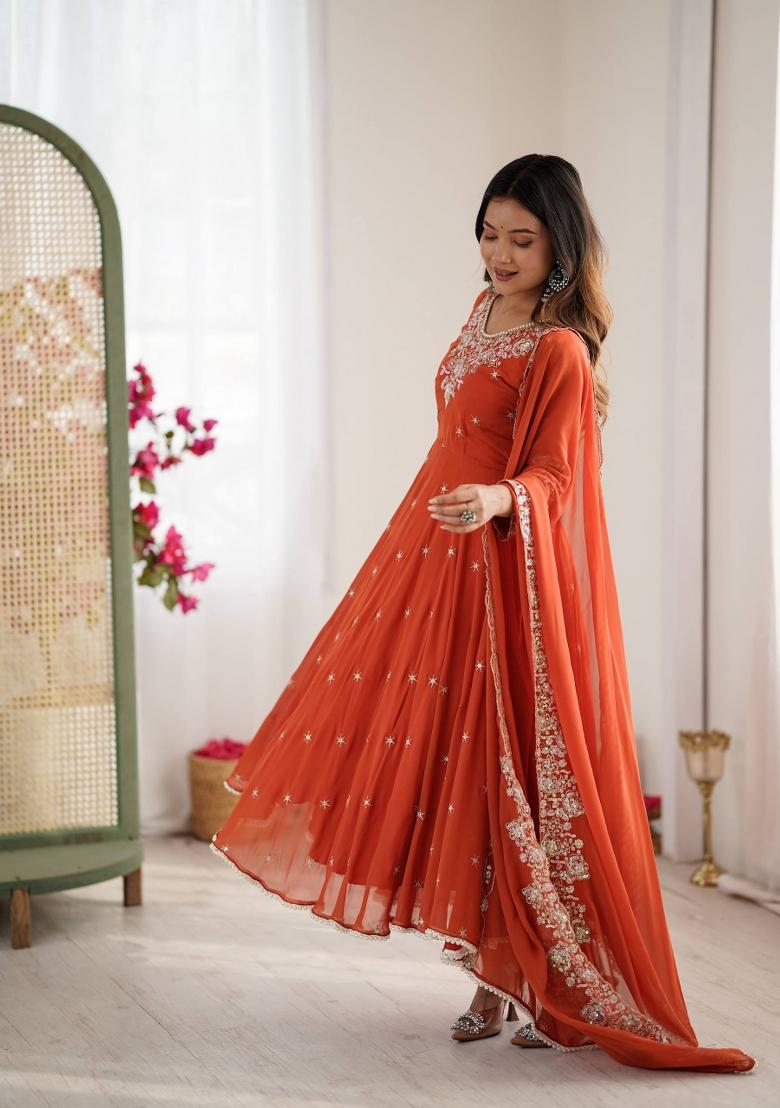 Orange Embroidery Georgette Kurta Set - Indya
