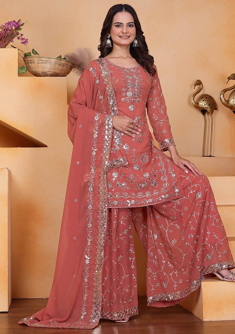 Peach Embroidery Georgette Kurta Set - Indya