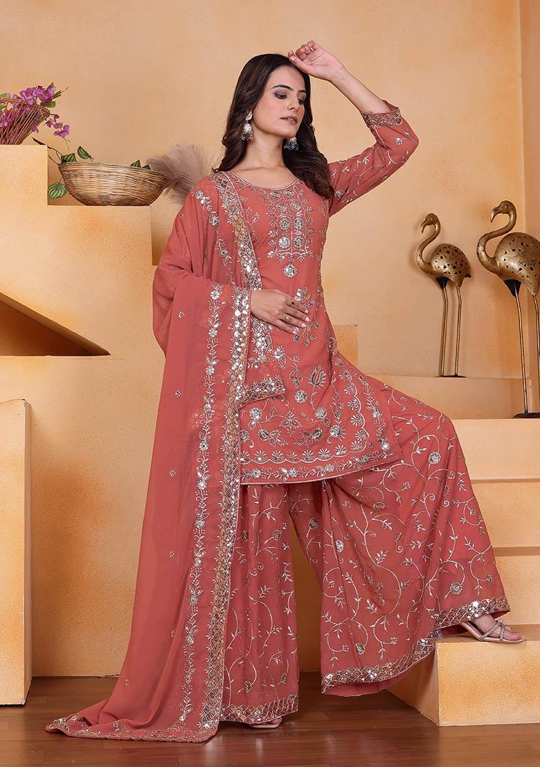 Peach Embroidery Georgette Kurta Set - Indya