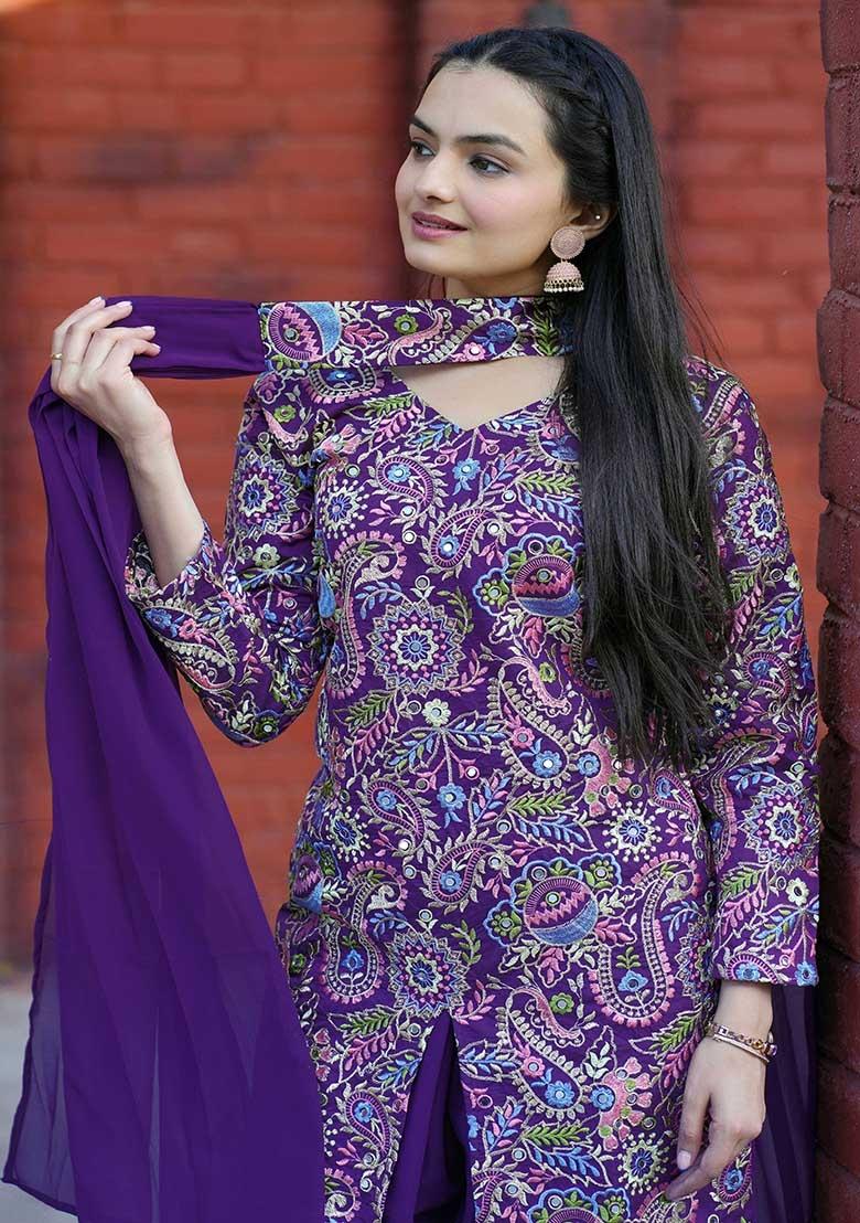 Multi Embroidery Silk Kurta Set - Indya