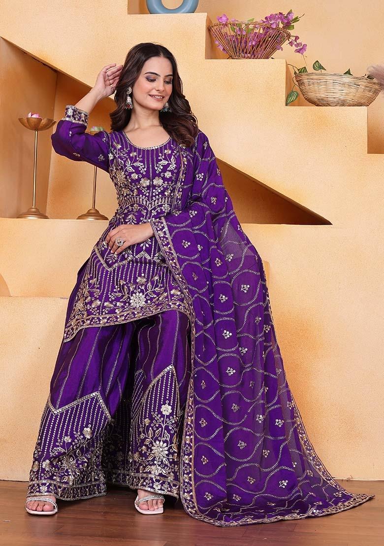 Purple Embroidery Silk Kurta Set - Indya