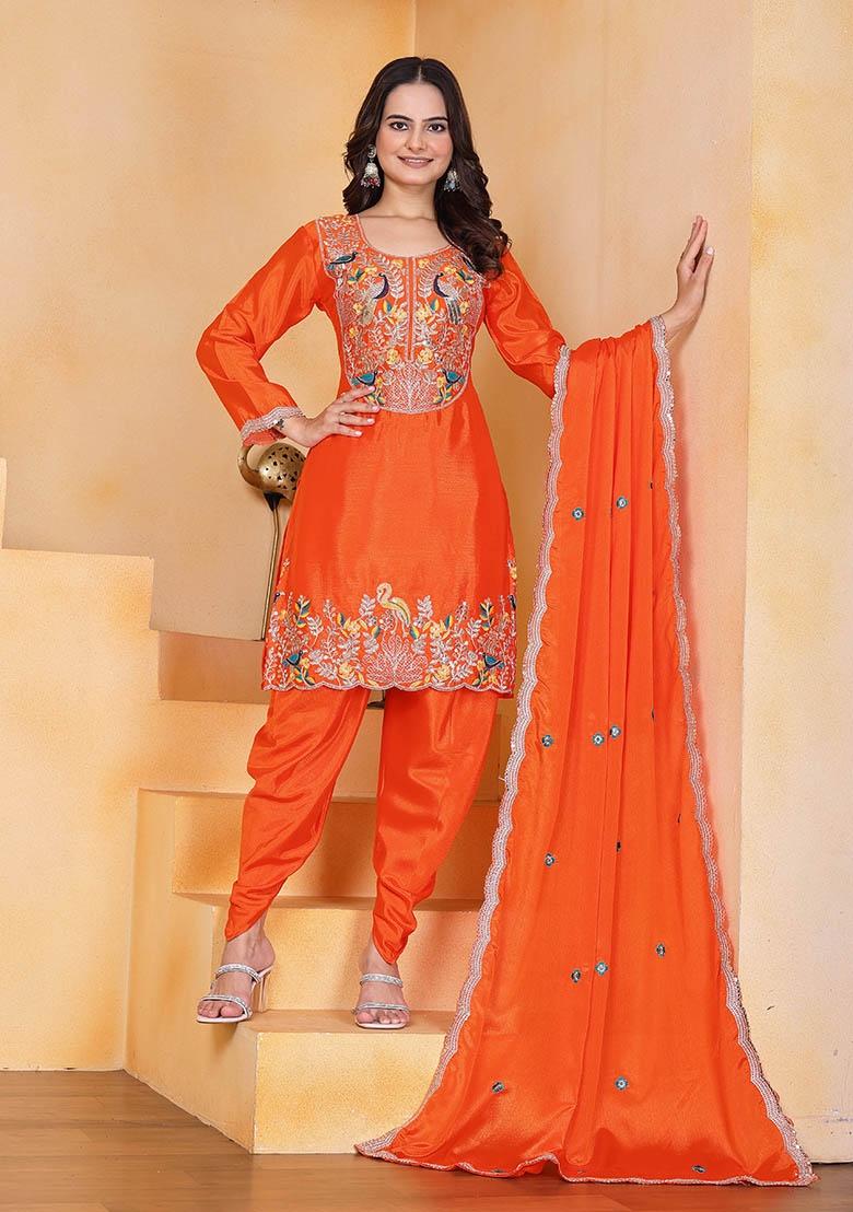 Orange Embroidery Chinon Kurta Set - Indya