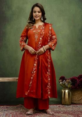 Rust Motif Silk Kurta Set