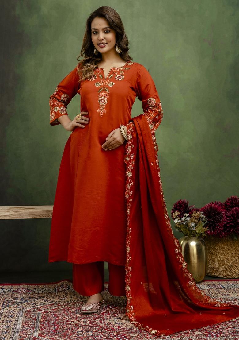 Rust Motif Silk Kurta Set - Indya
